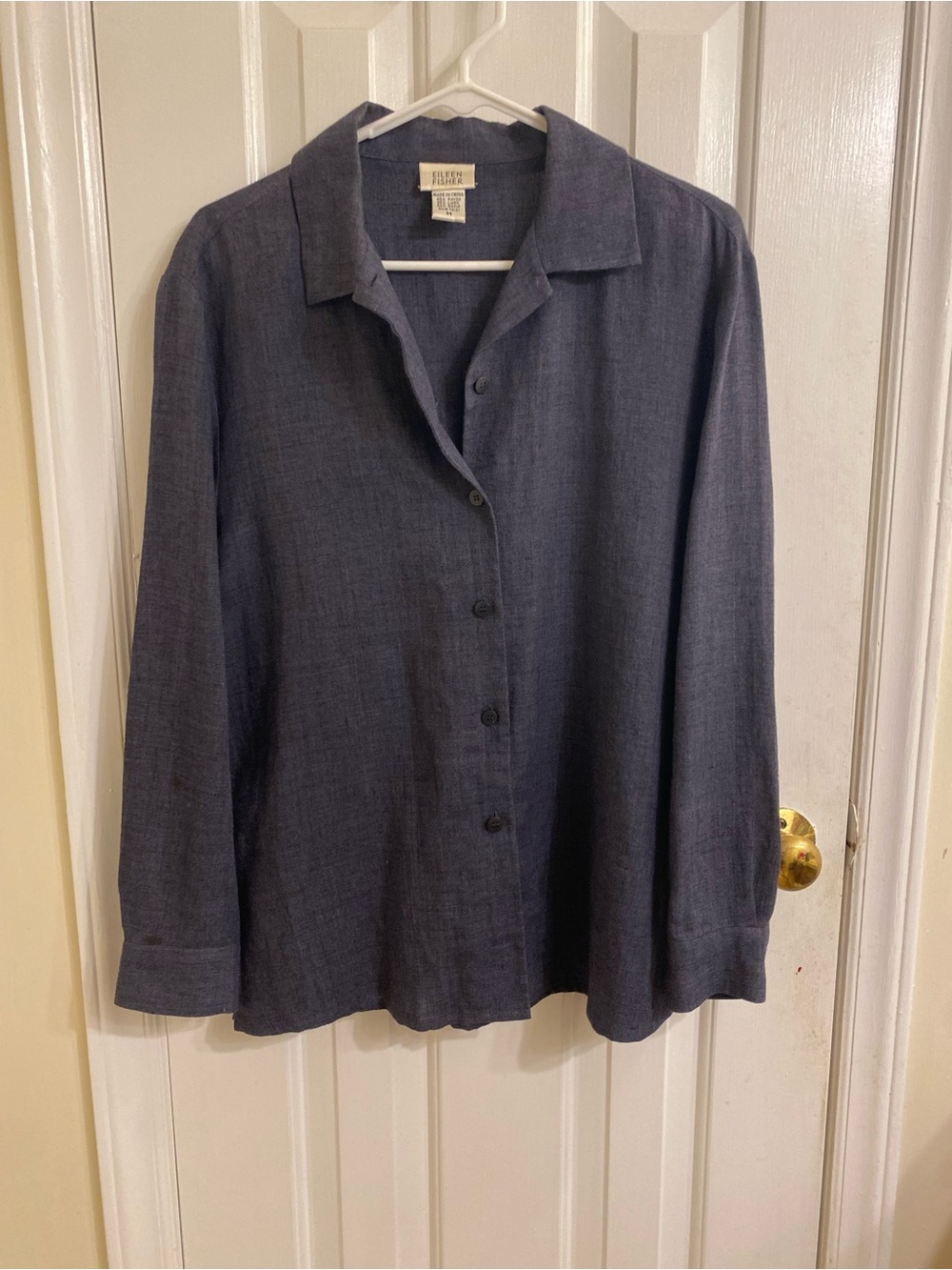 EILEEN FISHER LINEN BLEND BUTTON FRONT SHIRT DARK SLATE BLUE MEDIUM TIMELESS - Picture 5 of 13